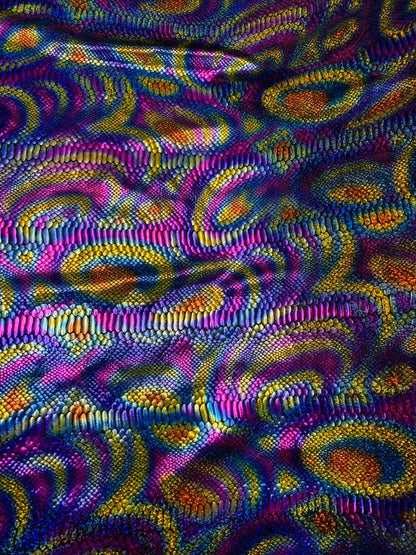 New fever snake design hologram foil on nylon spandex 4way stretch 58/60" Sold by the YD. Ships worldwide from Los Angeles California USA