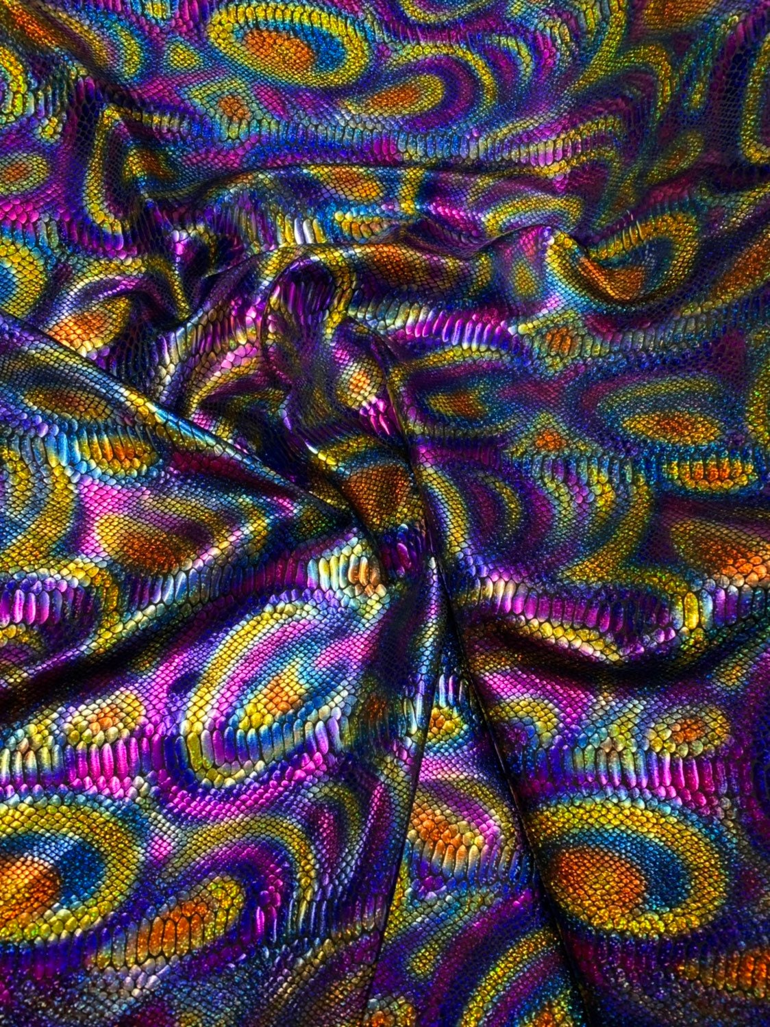 New fever snake design hologram foil on nylon spandex 4way stretch 58/60" Sold by the YD. Ships worldwide from Los Angeles California USA