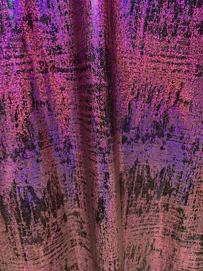 Splash hologram foil design brown/fuschia nylon spandex 4way stretch 58/60" Sold by the YD. Ships worldwide from Los Angeles CA USA.