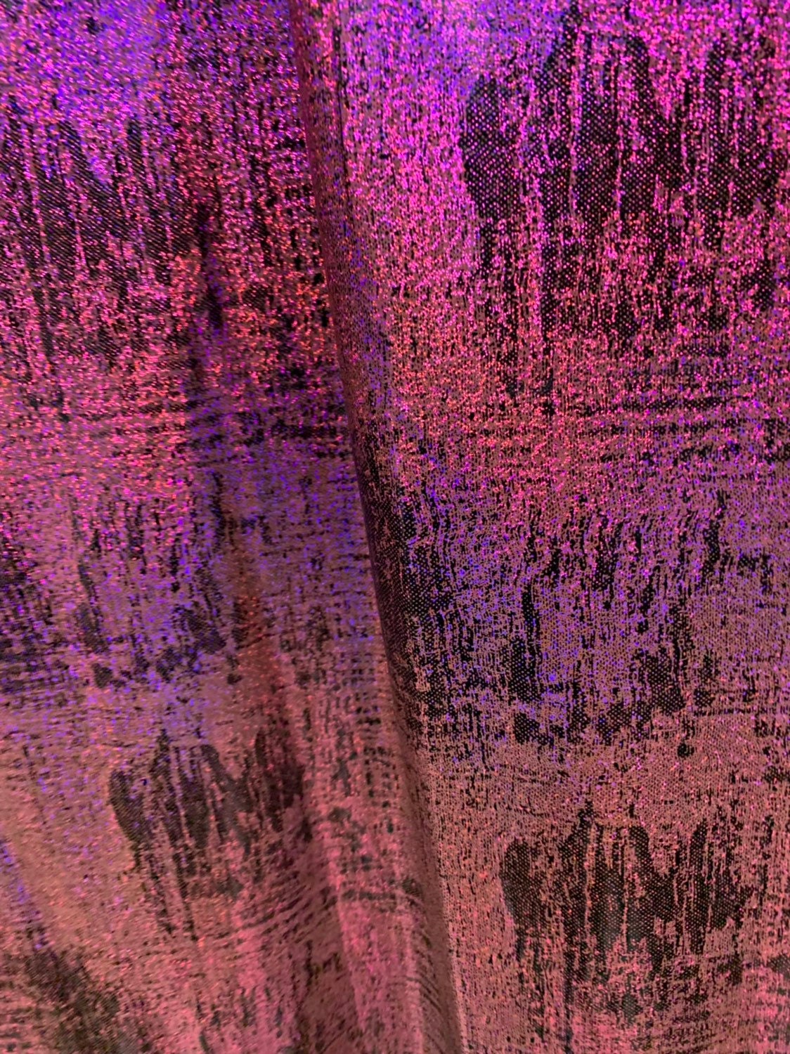 Splash hologram foil design brown/fuschia nylon spandex 4way stretch 58/60" Sold by the YD. Ships worldwide from Los Angeles CA USA.