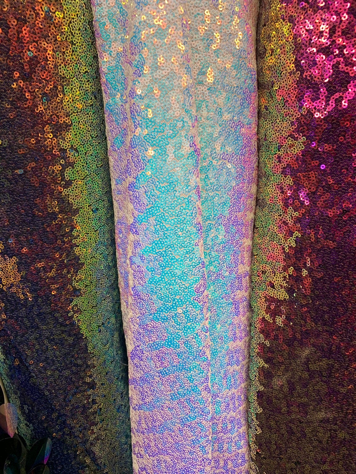 New iridescent sequins cosmic design 2tone glitz sequins on stretch power mesh 4way 58/60" Sold by the YD. Ships worldwide from Los Angeles