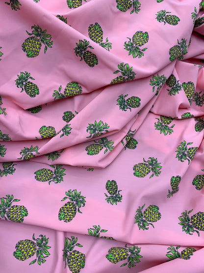 Pineapple design blush pink print on nylon spandex 4way stretch 58/60" Sold by the YD. Ships worldwide from Los Ángeles California USA.