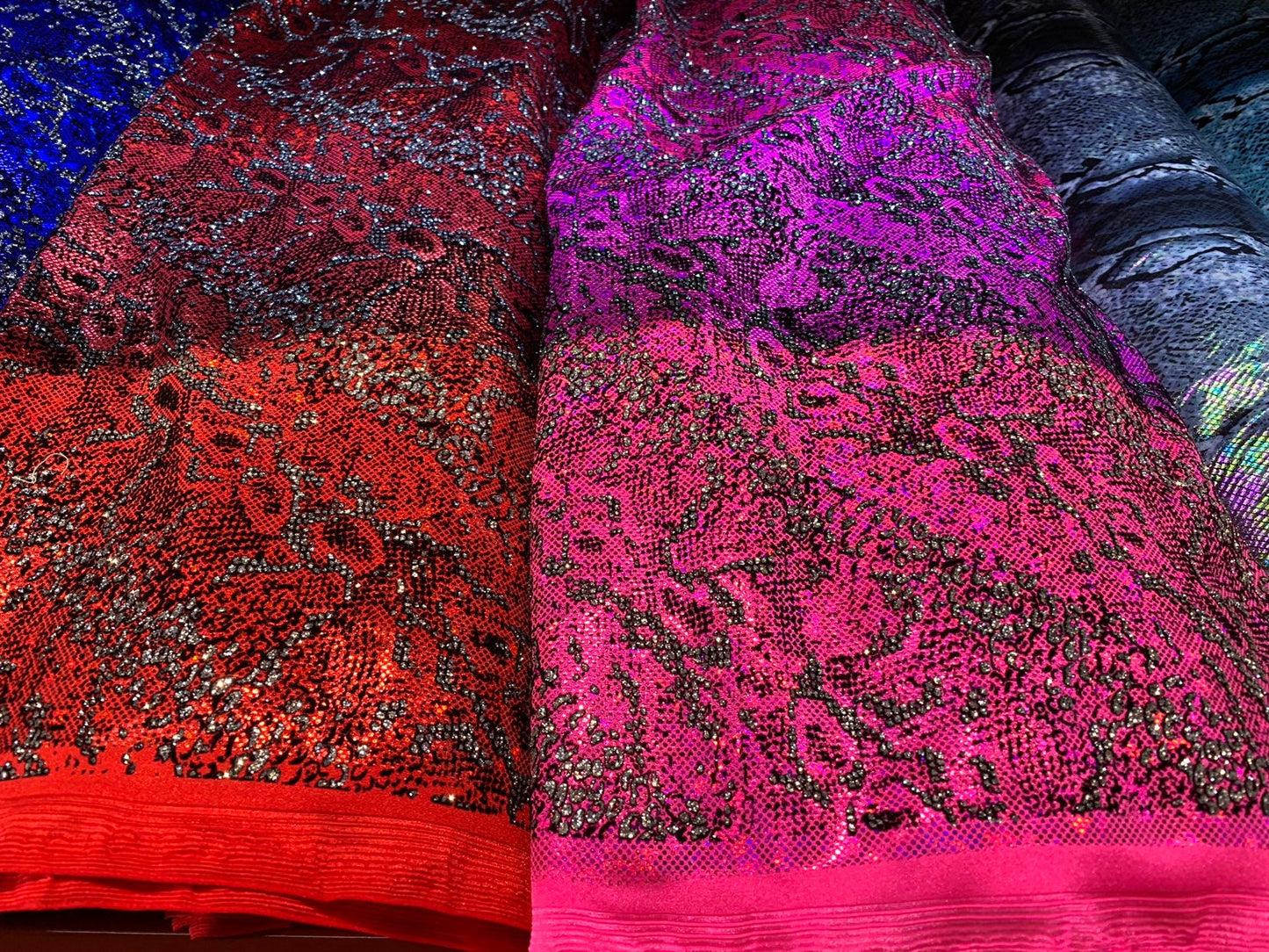 New snake design metallic nylon spandex with flocking and glitter 4way 58/60" Sold by the YD. Ships worldwide from Los Angeles California.