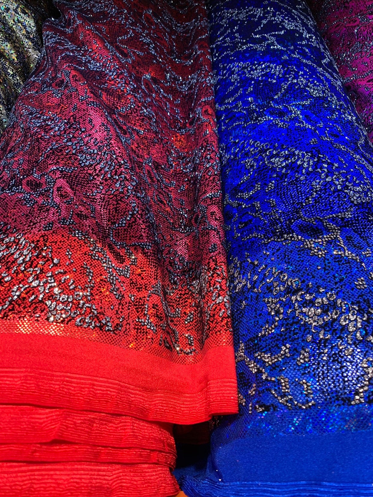 New snake design metallic nylon spandex with flocking and glitter 4way 58/60" Sold by the YD. Ships worldwide from Los Angeles California.