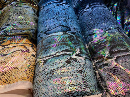 King snake design with iridescent foil nylon spandex 4way stretch 58/60" Sold by the YD. Ships worldwide from Los Angeles California USA.