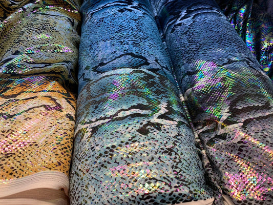 King snake design with iridescent foil nylon spandex 4way stretch 58/60" Sold by the YD. Ships worldwide from Los Angeles California USA.