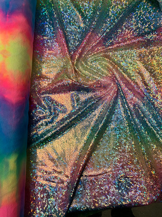 Unicorn rainbow metallic nylon spandex silver reptile print 4way stretch 58/60" Sold by the YD. Ships worldwide from Los Angeles California.