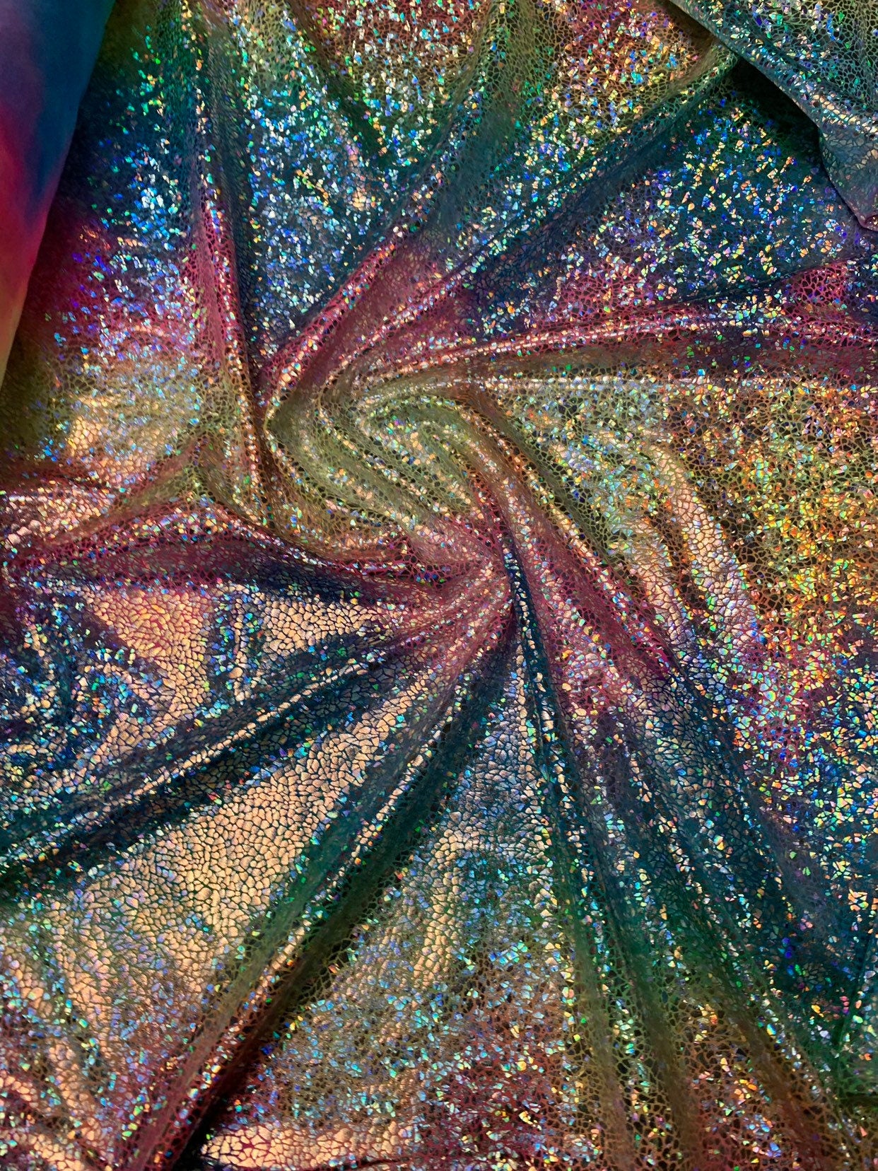 Unicorn rainbow metallic nylon spandex silver reptile print 4way stretch 58/60" Sold by the YD. Ships worldwide from Los Angeles California.
