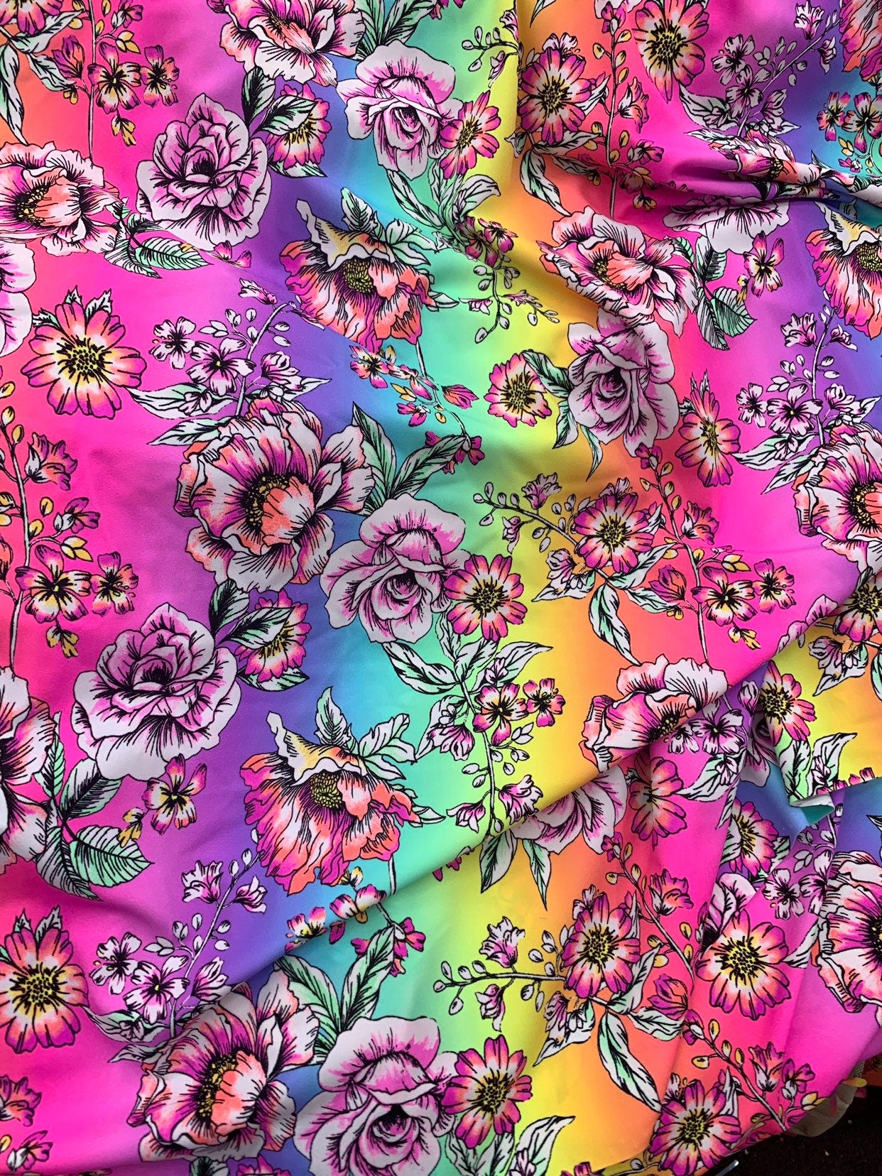 New flower design multicolor print on nylon spandex 4way stretch 58/60" Sold by the  YD. Ships worldwide from Los Angeles California USA