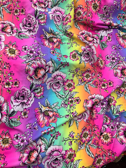 New flower design multicolor print on nylon spandex 4way stretch 58/60" Sold by the  YD. Ships worldwide from Los Angeles California USA