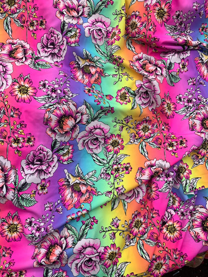 New flower design multicolor print on nylon spandex 4way stretch 58/60" Sold by the  YD. Ships worldwide from Los Angeles California USA