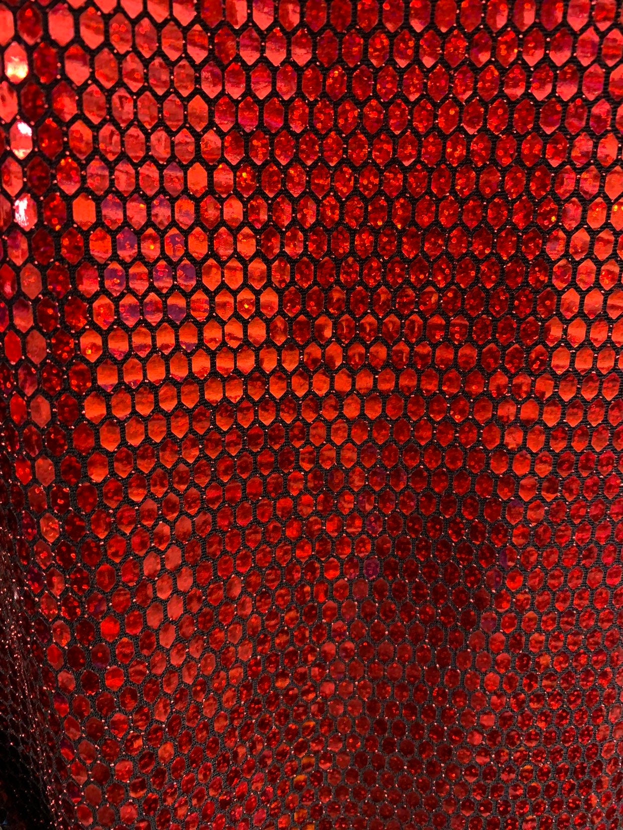 New metallic Geometric Flat Mirror honeycomb Iridescent red Sequins Stone on Black Base Nylon Spandex 2way stretch Fabric Sold by the Yard.