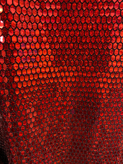 New metallic Geometric Flat Mirror honeycomb Iridescent red Sequins Stone on Black Base Nylon Spandex 2way stretch Fabric Sold by the Yard.