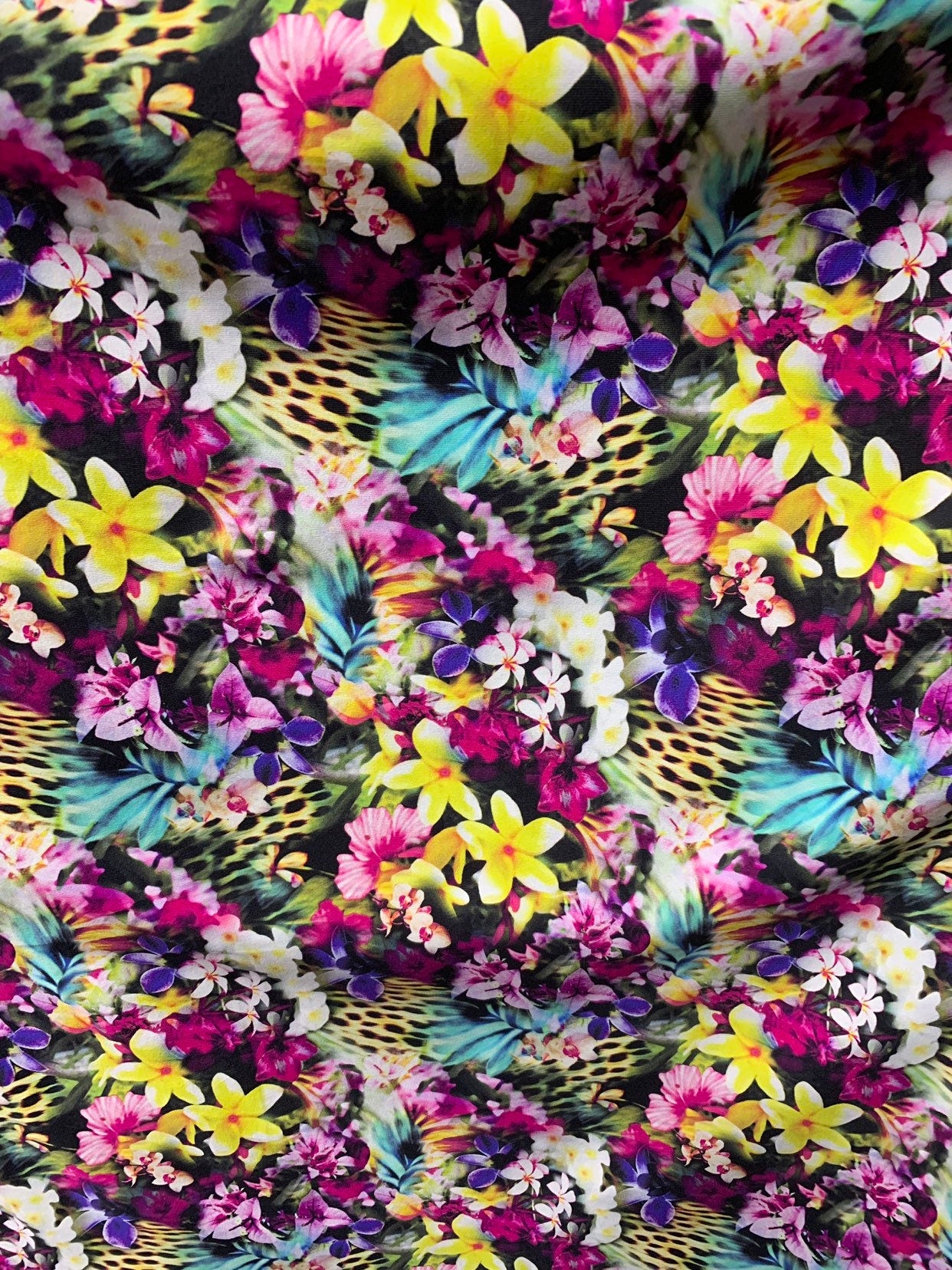 New flower multicolor Design print on heavy nylon spandex 4way stretch 58/60" Sold by the YD. Ships worldwide from Los Angeles California US