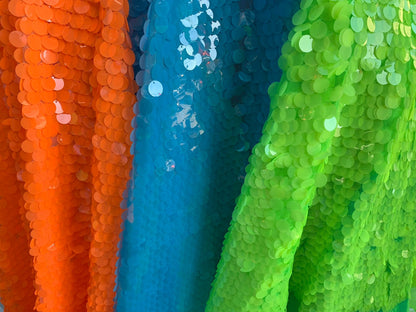 New neon colors paillette sequins 20mm shining seq on stretch mesh base 2way 58/60" Sold by the YD. Ships worldwide from Los Angeles CA USA.