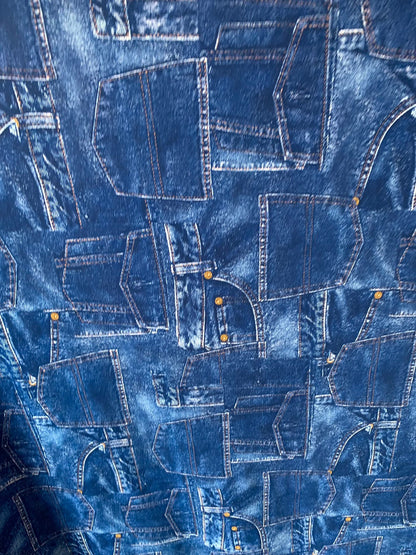 New jeans design print on heavy nylon spandex 4way stretch 58/60" Sold by the YD. Ships worldwide From Los Angeles California USA.