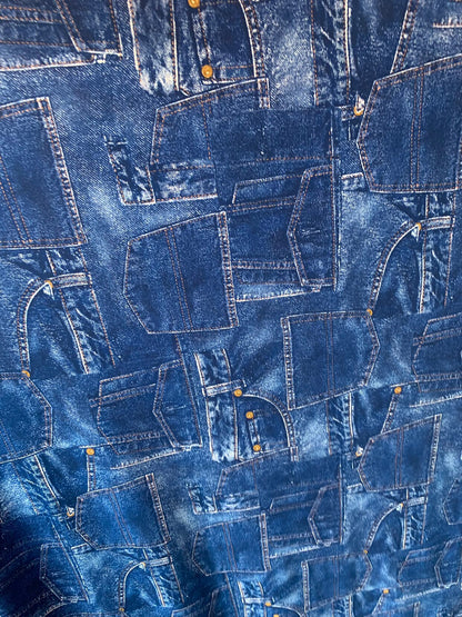 New jeans design print on heavy nylon spandex 4way stretch 58/60" Sold by the YD. Ships worldwide feom Los Angeles California USA.