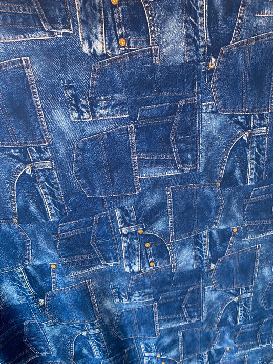 New jeans design print on heavy nylon spandex 4way stretch 58/60" Sold by the YD. Ships worldwide feom Los Angeles California USA.