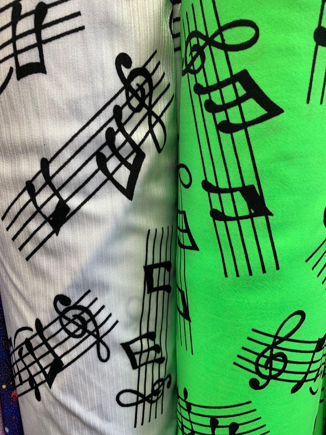 Music Notes design print on heavy nylon spandex 4way stretch 58/60" Sold by the YD. Ships worldwide from Los Angeles California USA.