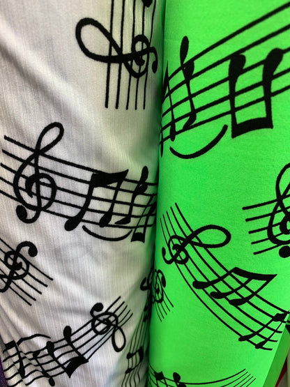 Music Notes design print on heavy nylon spandex 4way stretch 58/60" Sold by the YD. Ships worldwide from Los Angeles California USA.