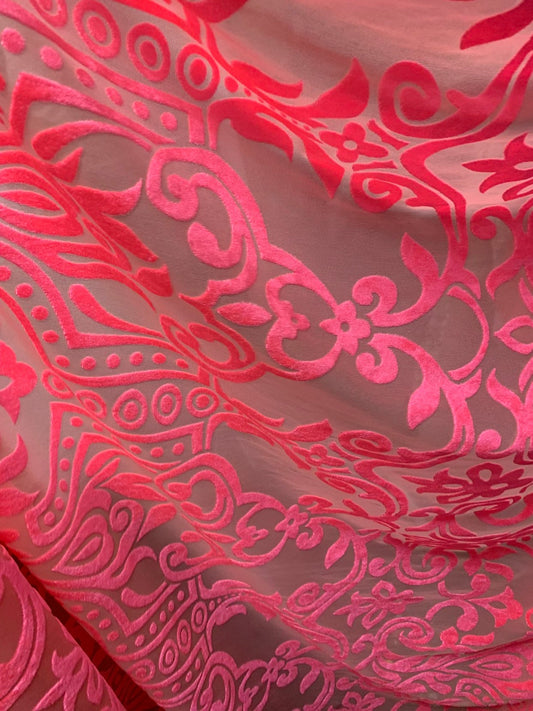 New burnout velvet victoria design hot pink 4way stretch 58/60" Sold by the YD. Ships worldwide from Los Angeles California USA.