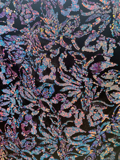 New iridescent sequins Isabella flower design  on heavy black stretch velvet 4way stretch 58/60" Sold by the YD. Ships worldwide from L.A CA