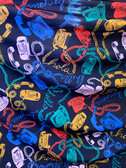 New telephone multicolor design print on nylon spandex 4way stretch 58/60" Sold by the YD. Ships worldwide from Los Angeles California USA.