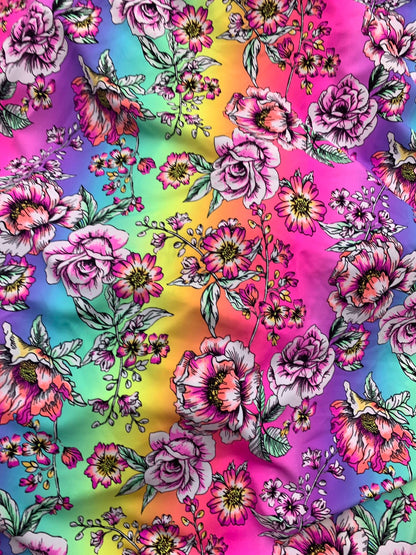 New flower design multicolor print on nylon spandex 4way stretch 58/60" Sold by the  YD. Ships worldwide from Los Angeles California USA