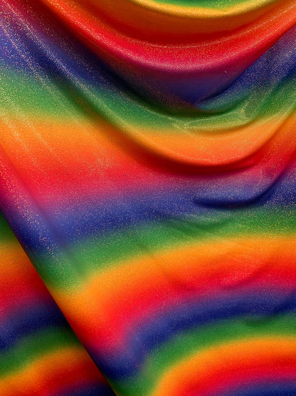 New rainbow heavy nylon spandex with foggy foil all over 4way stretch 58/60" Sold by the YD. Ships worldwide from Los Angeles California USA