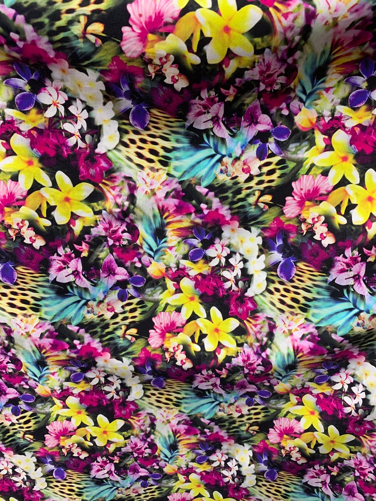 New flower multicolor Design print on heavy nylon spandex 4way stretch 58/60" Sold by the YD. Ships worldwide from Los Angeles California US