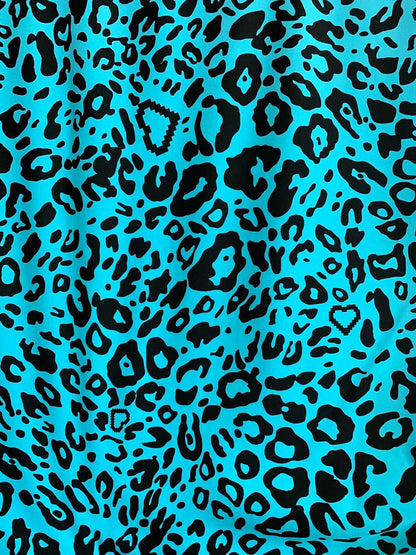 New leopard design blue/black nylon spandex 4way stretch 58/60" Sold by the YD. Ships worldwide from Los Angeles California USA.