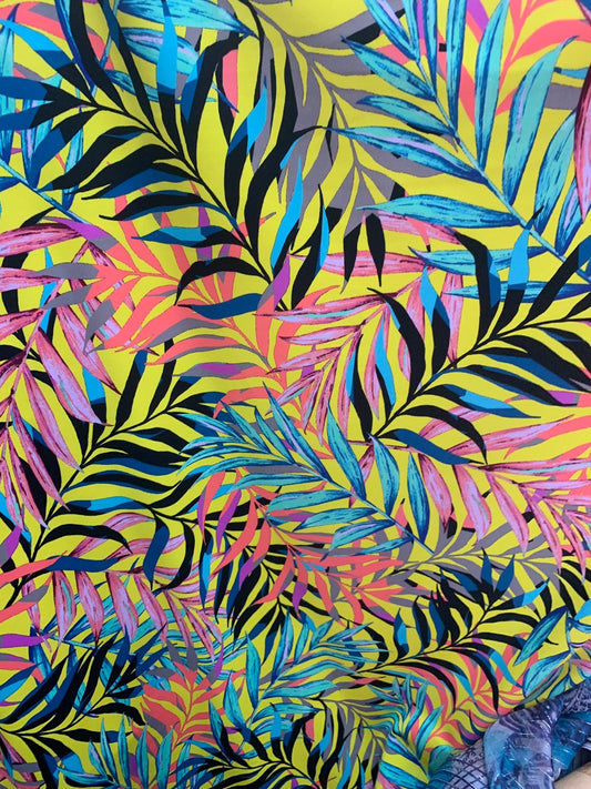 NewJungle leaf design 58/60" 4-Way Stretch Nylon Spandex Print with fine and smooth texture. Sold by the YD. Ships worldwide from L.A CA.