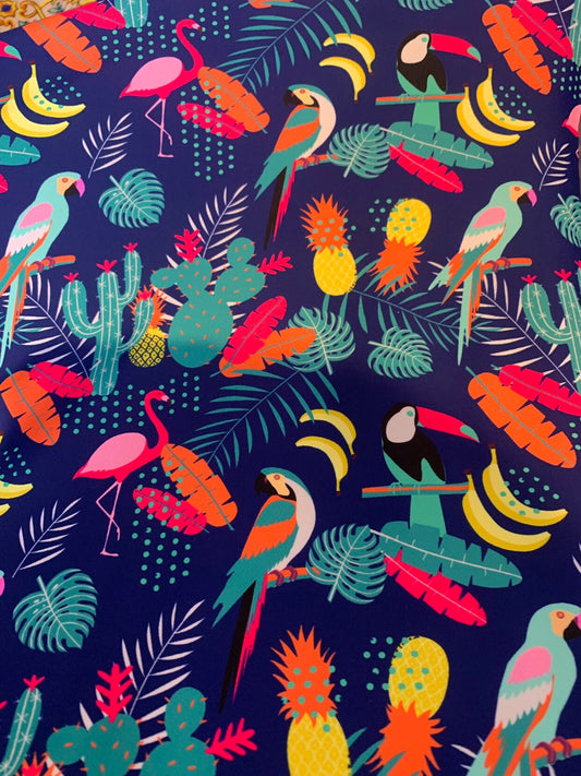 New tropical print nylon spandex multicolor 4way stretch 58/60" Sold by the YD. Ships worldwide from Los Angeles California USA.