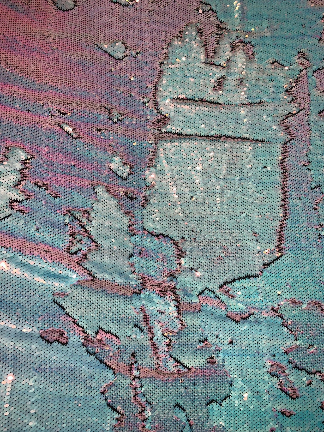 New Unicorn iridescent white/pink reversible sequins on spandex base 2way stretch 58/60" Sold by the YD. Ships worldwide from Los Angeles CA