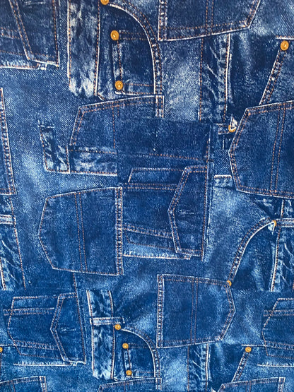 New jeans design print on heavy nylon spandex 4way stretch 58/60" Sold by the YD. Ships worldwide From Los Angeles California USA.