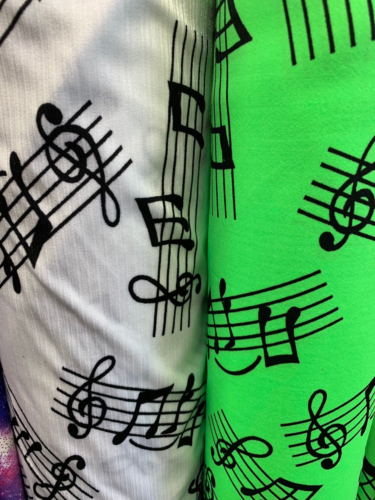 Music Notes design print on heavy nylon spandex 4way stretch 58/60" Sold by the YD. Ships worldwide from Los Angeles California USA.