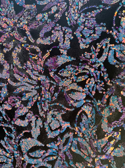 New iridescent sequins Isabella flower design  on heavy black stretch velvet 4way stretch 58/60" Sold by the YD. Ships worldwide from L.A CA