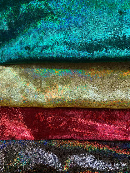 New oil slick iridescent foggy foil on stretch velvet 4-way stretch 58/60” Sold by the YD. Ships worldwide from Los Angeles California USA.