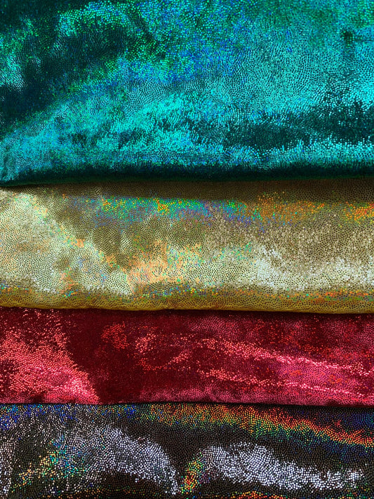 New oil slick iridescent foggy foil on stretch velvet 4-way stretch 58/60” Sold by the YD. Ships worldwide from Los Angeles California USA.