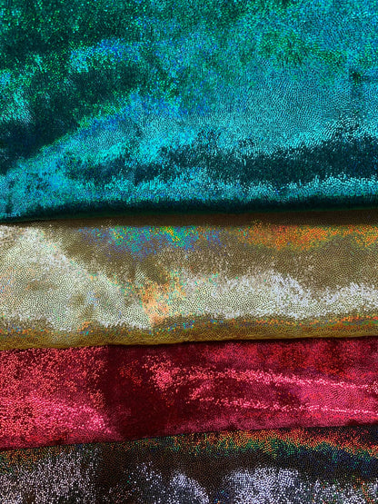 New oil slick iridescent foggy foil on stretch velvet 4-way stretch 58/60” Sold by the YD. Ships worldwide from Los Angeles California USA.