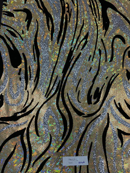 New shatter glass modern swirl design with silver glitter and black flocking metallic nylon spandex 4way stretch 58/60" Sold by the YD.