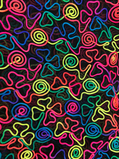New stretch mesh swirl design rainbow color 2way stretch 55/57" Sold by the YD. Ships worldwide from Los Angeles California USA.