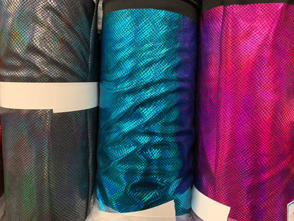 New dragon scales iridescent hologram foil on nylon spandex 4way stretch 58/60" Sold by the YD. Ships worldwide from Los Angeles California.