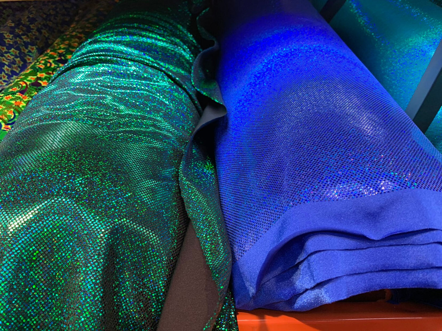 New Hologram metallic dots  all over nylon spandex 4way stretch 58/60" Sold by the YD. Ships worldwide from Los Angeles California USA.