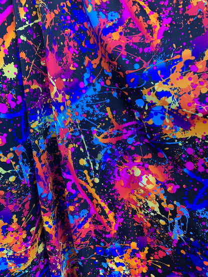 Graffiti paint design nylon spandex with foggy foil  4-way stretch. 58/60" sold by the YD. Ships worldwide from Los Angeles California USA