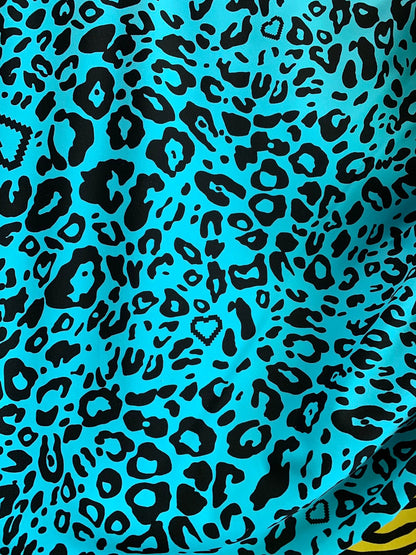New leopard design blue/black nylon spandex 4way stretch 58/60" Sold by the YD. Ships worldwide from Los Angeles California USA.