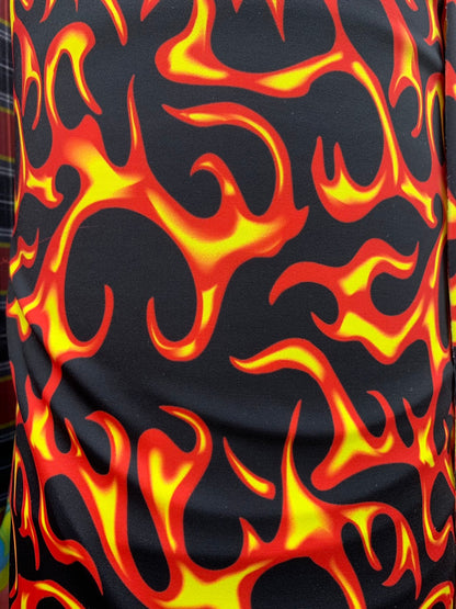 Hot flame design black/red print on heavy nylon spandex 4way stretch 58/60" Sold by the YD. Ships worldwide from Los Angeles California USA.