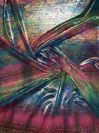 New Iridescent rainbow hologram snake design with tie dye ilusión foil 4way stretch 58/60" Sold by the YD. Ships worldwide from Los Angeles