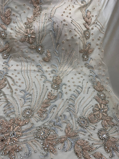 New Jlo design embroidery lace beaded lace by the YD. 54/55" crystal pearls all over 2way stretch. Ships worldwide from Los Angeles CA USA.