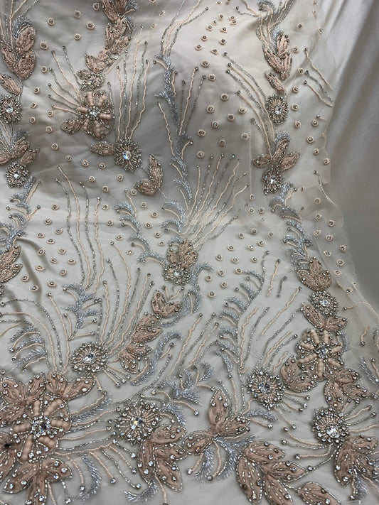 New Jlo design embroidery lace beaded lace by the YD. 54/55" crystal pearls all over 2way stretch. Ships worldwide from Los Angeles CA USA.